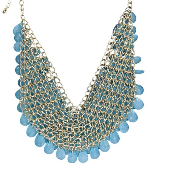 Aqua Blue Teardrop Beaded Statement Necklace With Gold Tone Chain  (5534) - Picture 5 of 7